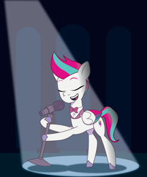 Size: 1500x1800 | Tagged: safe, artist:prixy05, imported from derpibooru, zipp storm, pegasus, pony, bowtie, eyes closed, female, g5, mare, microphone, microphone stand, my little pony: tell your tale, singing, solo, spotlight