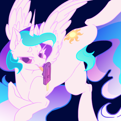 Size: 2000x2000 | Tagged: safe, artist:dankpegasista, derpibooru exclusive, imported from derpibooru, princess celestia, alicorn, pony, butt, colored, colored eyelashes, colored lineart, colored pupils, ear fluff, ethereal mane, ethereal tail, eyebrows, eyelashes, feathered wings, female, flank, flat colors, food, high res, horn, ice cream, large wings, licking, long eyelashes, long hair, long horn, looking at you, lying down, mare, melting, mlem, popsicle, prone, raised leg, silly, simple background, smiling, smiling at you, solo, spread legs, spread wings, spreading, sternocleidomastoid, sunbutt, tail, teeth, tongue out, wings, wip