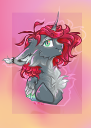 Size: 1000x1414 | Tagged: safe, artist:nazalik, imported from derpibooru, oc, oc only, alicorn, bat pony, pony, alicorn oc, bright, bust, chest fluff, colored, colored wings, cute, ear fluff, fluffy, funny face, gradient background, gray, horn, portrait, solo, wings