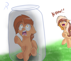 Size: 3580x3080 | Tagged: safe, artist:reinbou, imported from derpibooru, oc, oc only, oc:delicatezza, oc:sweet cinnamon, bat pony, pony, unicorn, duo, duo female, female, jar, lewd container meme, not sunburst, pony in a bottle, scared, screaming, text