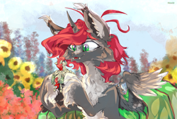 Size: 3108x2100 | Tagged: safe, artist:nazalik, imported from derpibooru, warm front, oc, oc:arbuzik, bat pony, pegasus, pony, bright, chest fluff, colored, colored wings, cute, duo, ear, floppy ears, floral background, flower, fluffy, hooves, mane, membranous wings, pegasus oc, size difference, small, summer, sunlight, sunny day, tail, wings