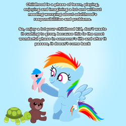 Size: 1400x1400 | Tagged: safe, artist:mlplary6, imported from derpibooru, firefly, rainbow dash, pegasus, pony, turtle, childhood, female, filly, filly rainbow dash, foal, g1, gradient background, light blue background, playing, plushie, simple background, sitting, smiling, teddy bear, text, toy, younger