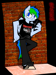 Size: 1650x2232 | Tagged: safe, artist:xxv4mp_g4z3rxx, imported from derpibooru, oc, oc only, anthro, pegasus, pony, anthro oc, bipedal, blue eyes, clothes, denim, ear piercing, folded wings, jeans, pants, phone, piercing, shirt, shoes, solo, t-shirt, tail, two toned mane, two toned tail, wings