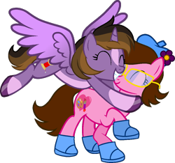 Size: 956x894 | Tagged: safe, artist:maverickmam, artist:tanahgrogot, imported from derpibooru, oc, oc only, oc:princess kincade, oc:tiffany fisher, alicorn, earth pony, pony, alicorn oc, base used, best friends, clothes, cute, duo, duo female, earth pony oc, eyes closed, female, flower, glasses, grin, gritted teeth, happy, hat, horn, hug, mare, ocbetes, shoes, simple background, smiling, teeth, transparent background, wings