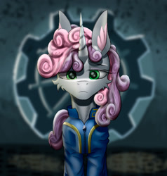 Size: 2060x2160 | Tagged: safe, artist:wailks, imported from derpibooru, sweetie belle, pony, unicorn, fallout equestria, clothes, digital art, fallout, fanfic, fanfic art, female, high res, jumpsuit, mare, older, older sweetie belle, overmare, sad, solo, stable, stable 2, stable-tec, tail, vault suit