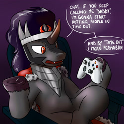 Size: 3500x3500 | Tagged: safe, artist:timsplosion, imported from derpibooru, king sombra, pony, unicorn, controller, crossed legs, dialogue, frog (hoof), high res, hoof hold, magnetic hooves, male, sitting, solo, speech bubble, stallion, underhoof, xbox 360 controller