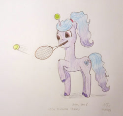 Size: 1500x1418 | Tagged: safe, artist:adamv20, imported from derpibooru, izzy moonbow, atg 2023, ball, female, g5, izzy's tennis ball, mare, newbie artist training grounds, solo, sports, tennis, tennis ball, tennis racket, traditional art, unshorn fetlocks