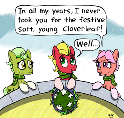 Size: 1050x1000 | Tagged: safe, artist:ebbysharp, imported from derpibooru, sprout cloverleaf, earth pony, pony, atg 2023, clothes, coat markings, dialogue, elderly, female, festive, g5, holiday, male, mare, mayflower, my little pony: make your mark, my little pony: make your mark chapter 3, newbie artist training grounds, open mouth, open smile, scarf, smiling, socks (coat markings), speech bubble, stallion, trio, unnamed character, unnamed pony, winter wishday, wreath
