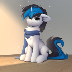Size: 1597x1601 | Tagged: safe, artist:little-sketches, imported from derpibooru, oc, oc:solar gizmo, pony, unicorn, chest fluff, clothes, commission, horn, looking at you, male, scarf, sitting, smiling, smiling at you, solo, stallion, unicorn oc