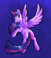 Size: 547x624 | Tagged: safe, artist:chimaerok, artist:sketchbookworm, imported from derpibooru, twilight sparkle, alicorn, pony, blue background, butt, female, flying, looking at you, looking back, looking back at you, mare, plot, simple background, solo, twilight sparkle (alicorn), underhoof