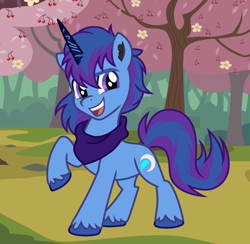 Size: 2664x2598 | Tagged: safe, artist:vi45, imported from derpibooru, oc, oc only, oc:bak, unicorn, blue mane, clothes, forest background, horn, purple eyes, purple mane, scarf, unicorn oc
