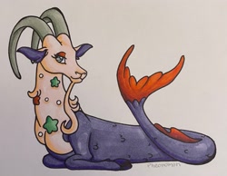 Size: 2905x2259 | Tagged: safe, artist:pheonomon, imported from derpibooru, them's fightin' herds, capricorn, community related, female, full body, lying down, prone, simple background, solo, traditional art, white background
