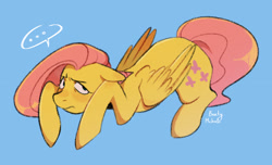 Size: 2048x1242 | Tagged: safe, artist:bertymchale, imported from derpibooru, fluttershy, pegasus, pony, ..., blue background, folded wings, lying down, simple background, solo, wings