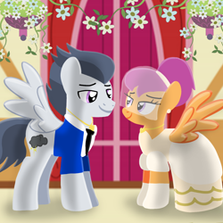 Size: 1400x1400 | Tagged: safe, artist:mlplary6, imported from derpibooru, rumble, scootaloo, pegasus, pony, bride, clothes, dress, female, flower, groom, husband and wife, looking at each other, looking at someone, male, mare, marriage, older, older rumble, older scootaloo, rumbloo, shipping, smiling, smiling at each other, smoking, stallion, straight, wedding, wedding dress