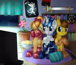 Size: 3543x3000 | Tagged: safe, artist:appleneedle, imported from derpibooru, oc, oc:apple needle, oc:sunglow, oc:unhappy joy, earth pony, pegasus, pony, unicorn, bookshelf, bow, clothes, commission, diablo, diablo (series), doll, female, flower, flower pot, food, friends, hair bow, horror, male, mare, movie, ori, party, popcorn, poster, room, sleepover, socks, stallion, striped socks, sword, television, toy, watchparty, weapon
