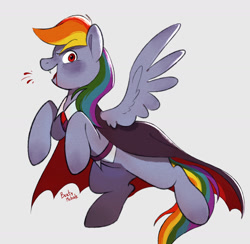 Size: 1708x1668 | Tagged: safe, artist:bertymchale, imported from derpibooru, rainbow dash, pegasus, pony, undead, vampire, blood, fangs, simple background, solo, spread wings, vampire costume, white background, wings