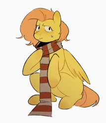 Size: 1138x1330 | Tagged: safe, artist:bertymchale, imported from derpibooru, fluttershy, pegasus, pony, clothes, scarf, short mane, simple background, solo, sweat, sweatdrop, white background