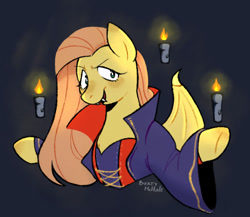 Size: 611x530 | Tagged: safe, artist:bertymchale, imported from derpibooru, fluttershy, pegasus, pony, undead, vampire, blue background, candle, fangs, simple background, solo, vampire costume