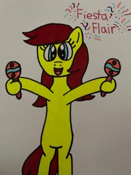 Size: 3024x4032 | Tagged: safe, artist:skylarkdrawing68, imported from derpibooru, fiesta flair, earth pony, pony, bipedal, confetti, cute, dexterous hooves, female, fiestabetes, g3, g3 to g4, g4, generation leap, maracas, mare, mexican, musical instrument, open mouth, open smile, simple background, smiling, solo, streamer, traditional art, white background