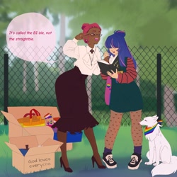 Size: 2048x2048 | Tagged: safe, artist:cryweas, imported from derpibooru, oc, oc only, oc:estella sparkle, oc:venus red heart, fox, human, bag, bible, bisexual pride flag, book, box, bracelet, christianity, clothes, commission, converse, cross, dark skin, duo, ear piercing, earring, eyebrow piercing, female, fence, fishnets, gay pride flag, glasses, hair over eyes, high heels, humanized, humanized oc, jewelry, kitsune, lesbian pride flag, nail polish, necklace, nonbinary pride flag, nose piercing, nose ring, offspring, open mouth, overalls, pansexual pride flag, parent:flash sentry, parent:twilight sparkle, parents:flashlight, piercing, pride, pride flag, pride month, religion, ring, shirt, shoes, skirt, socks, stockings, thigh highs, tree