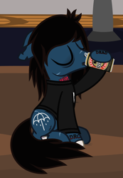 Size: 986x1424 | Tagged: safe, artist:lightningbolt, derpibooru exclusive, imported from derpibooru, earth pony, pony, undead, zombie, zombie pony, .svg available, alcohol, bags under eyes, beer, beer can, bone, bring me the horizon, clothes, couch, drink, drinking, eyes closed, floppy ears, hoof hold, indoors, lip piercing, long sleeves, male, oliver sykes, piercing, ponified, scar, show accurate, sitting, solo, stallion, stitches, svg, tattoo, torn ear, vector