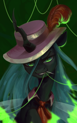 Size: 1227x1956 | Tagged: safe, artist:jewellier, imported from derpibooru, queen chrysalis, changeling, changeling queen, pony, bust, clothes, fangs, feather, female, fire, green fire, hat, implied coco pommel, looking at you, mare, menacing, mouth hold, needle, portrait, simple background, thread