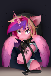 Size: 1500x2220 | Tagged: safe, artist:zlatavector, imported from derpibooru, princess cadance, queen chrysalis, alicorn, changeling, changeling queen, pony, equestria girls, mirror magic, spoiler:eqg specials, clothes, crossover, dishonored, emily kaldwin, fangs, female, looking at you, mare, mark, mirror, queen, solo, spread wings, stressed, tying, wings