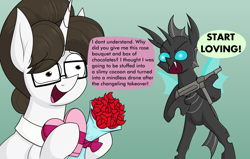 Size: 2508x1596 | Tagged: safe, alternate version, artist:moonatik, imported from derpibooru, raven, changeling, pony, unicorn, abstract background, angry, bouquet of flowers, box of chocolates, changeling domination, confused, dialogue, duo, female, flower, glasses, gradient background, hair bun, heart, male, mare, meme, mp40, ponified meme, rose, speech bubble, wings