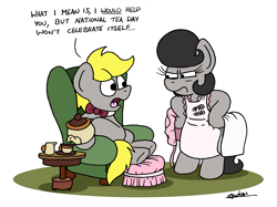 Size: 2340x1750 | Tagged: safe, artist:bobthedalek, imported from derpibooru, oc, oc only, oc:mixed melody, oc:octavia's father, oc:octavia's mother, oc:ostinato melody, earth pony, pony, apron, bonnet, chair, clothes, female, husband and wife, male, safety pin, simple background, teapot, this will end in a night on the couch, this will end in pain, this will not end well, unamused, white background