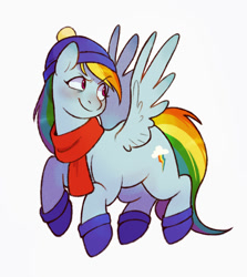 Size: 938x1050 | Tagged: safe, artist:bertymchale, imported from derpibooru, rainbow dash, pegasus, pony, clothes, hat, scarf, simple background, socks, solo, spread wings, white background, wings