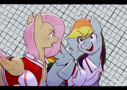 Size: 1080x766 | Tagged: safe, artist:bertymchale, imported from derpibooru, fluttershy, rainbow dash, pegasus, pony, clothes, duo, fence, folded wings, jacket, looking at each other, looking at someone, spread wings, varsity jacket, wings