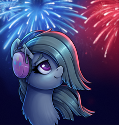 Size: 700x737 | Tagged: safe, artist:zeepheru_pone, imported from derpibooru, marble pie, earth pony, pony, atg 2023, earmuffs, eye reflection, female, fireworks, looking up, mare, newbie artist training grounds, night, reflection, smiling, solo