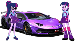 Size: 1520x855 | Tagged: safe, artist:twilirity, imported from derpibooru, sci-twi, twilight sparkle, alicorn, equestria girls, equestria girls series, car, clothes, equestria girls 10th anniversary, female, geode of telekinesis, glasses, lamborghini, lamborghini aventador, magical geodes, paradox, pose, purple, self paradox, shoes, simple background, skirt, socks, sports car, transparent background, twilight sparkle (alicorn), twolight