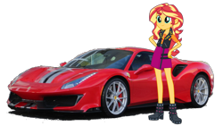 Size: 1520x855 | Tagged: safe, artist:twilirity, imported from derpibooru, sunset shimmer, equestria girls, equestria girls series, boots, car, clothes, equestria girls 10th anniversary, female, ferrari, geode of empathy, magical geodes, pose, red, shoes, simple background, solo, sports car, transparent background