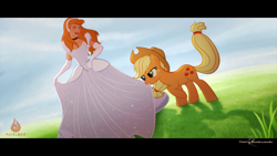 Size: 3840x2160 | Tagged: safe, artist:fairloke, imported from derpibooru, applejack, human, pony, applejack's hat, biting, cinderella, clothes, cowboy hat, crossover, cute, disney, disney princess, dress, gown, grass, grass field, hairband, hat, jackabetes, loose hair, playing, pulling, skirt, skirt pull, tug of war