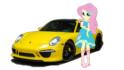 Size: 1520x855 | Tagged: safe, artist:twilirity, imported from derpibooru, fluttershy, equestria girls, equestria girls series, car, clothes, dress, equestria girls 10th anniversary, female, fluttershy boho dress, geode of fauna, magical geodes, porsche, pose, sandals, shoes, simple background, solo, sports car, transparent background, yellow