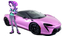 Size: 1520x855 | Tagged: safe, artist:rodan00, imported from derpibooru, starlight glimmer, equestria girls, mirror magic, spoiler:eqg specials, beanie hat, boots, car, clothes, crossed arms, jacket, lavender, mclaren, pants, purple, ripped pants, shoes, simple background, solo, sports car, torn clothes, transparent background, watch, wristwatch