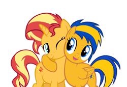 Size: 1082x739 | Tagged: safe, artist:mlpfan3991, imported from derpibooru, sunset shimmer, oc, oc:flare spark, pegasus, pony, unicorn, canon x oc, female, flareset, hoof around neck, hug, lesbian, one eye closed, shipping, simple background, smiling, transparent background, wink