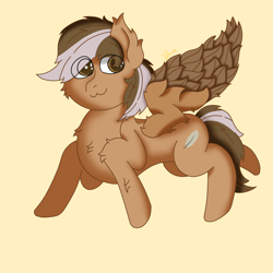 Size: 2048x2048 | Tagged: safe, artist:zugatti69, imported from derpibooru, oc, oc only, pegasus, pony, chest fluff, colored wings, cute, cutie mark, ear fluff, eye clipping through hair, fluffy, looking at you, redraw, shading, simple background, smiling, smiling at you, solo, tail, two toned mane, two toned tail, two toned wings, wings, yellow background