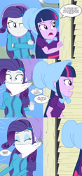 Size: 1920x4115 | Tagged: safe, artist:robukun, imported from derpibooru, rarity, twilight sparkle, equestria girls, bonnet, cloth gag, comic, gag, kidnapped, startled, surprised, western, wtf, wtf face