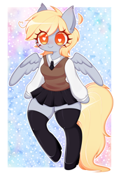 Size: 1530x2245 | Tagged: safe, artist:arwencuack, imported from derpibooru, derpy hooves, anthro, pegasus, unguligrade anthro, advertisement, clothes, commission, commission info, cute, derp, passepartout, skirt, socks, solo, stockings, sweater vest, thigh highs, zettai ryouiki