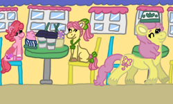 Size: 1250x750 | Tagged: safe, artist:mintwhistle, imported from derpibooru, sky skimmer, earth pony, pegasus, pony, atg 2023, bow, cafe, chair, coat markings, coffee, coffee cup, coffee shop, colored hooves, cup, drinking straw, eyes closed, female, folded wings, food, friendship, frozen yogurt, g2, g2 to g5, g5, generation leap, hair bow, happy, hat, ice cream, jewelry, mare, medibang paint, necklace, newbie artist training grounds, one eye closed, posey bloom, posey catches a break, sitting, smiling, socks (coat markings), table, tail, tail bow, trio, trio female, unshorn fetlocks, walking, window, windy (g5), wings, wink