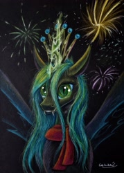 Size: 2457x3441 | Tagged: safe, artist:cahandariella, imported from derpibooru, queen chrysalis, bust, clothes, colored pencil drawing, crown, cute, fangs, fireworks, happy, jewelry, looking at something, magic, newbie artist training grounds, regalia, scarf, smiling, solo, traditional art