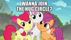 Size: 1280x720 | Tagged: safe, edit, edited screencap, imported from derpibooru, screencap, apple bloom, scootaloo, sweetie belle, surf and/or turf, caption, cutie mark crusaders, hug, image macro, looking at you, talking to viewer, text