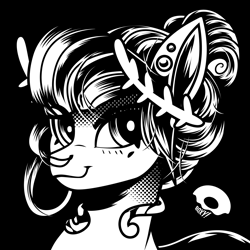 Size: 2100x2100 | Tagged: safe, artist:poxy_boxy, imported from derpibooru, oc, oc only, oc:void, pegasus, pony, black and white, black background, bust, ear piercing, earring, female, grayscale, high res, jewelry, laurel, mare, monochrome, nose piercing, nose ring, piercing, signature, simple background, smiling, solo