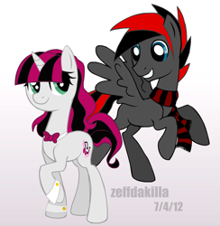 Size: 2245x2296 | Tagged: safe, artist:zeffdakilla, imported from derpibooru, oc, oc only, oc:raspberry serenade, unnamed oc, pegasus, pony, unicorn, bowtie, clothes, flying, gradient background, looking at each other, looking at someone, raised hoof, scarf, smiling, spread wings, standing, wings