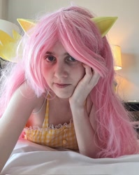 Size: 1629x2048 | Tagged: safe, artist:darknightprincess, artist:magicalmysticva, imported from derpibooru, fluttershy, human, babscon, babscon 2023, clothes, cosplay, costume, cute, female, hotel room, irl, irl human, photo, photography, selfie, solo