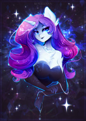 Size: 1600x2255 | Tagged: safe, artist:koveliana, imported from derpibooru, rarity, anthro, unicorn, black dress, breasts, bust, busty rarity, cleavage, clothes, dress, evening gloves, gloves, jewelry, lidded eyes, long gloves, necklace, pearl necklace, portrait, smiling, solo