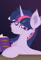 Size: 1732x2516 | Tagged: safe, artist:kotwitz, derpibooru exclusive, imported from derpibooru, twilight sparkle, pony, unicorn, :p, abstract background, book, cheek fluff, chest fluff, ear fluff, floppy ears, looking at you, mlem, multicolored hair, silly, solo, tongue out