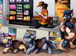 Size: 4261x3187 | Tagged: safe, artist:pridark, imported from derpibooru, oc, oc only, oc:gusty, oc:iron feather, oc:lotus cinder, griffon, human, kirin, pegasus, fanfic:words of power, earbuds, fanfic art, female, gas station, griffon oc, kirin oc, male, mare, pegasus oc, sneaking, stallion, wings